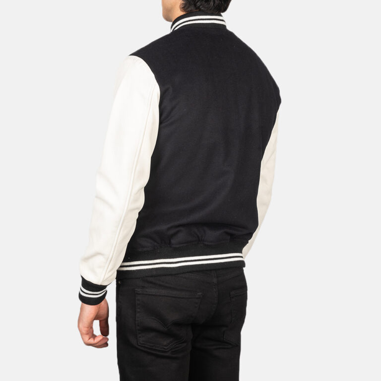 Mens Vaxton Black & White Hybrid Varsity Jacket Tilted Back-8-1634136232145